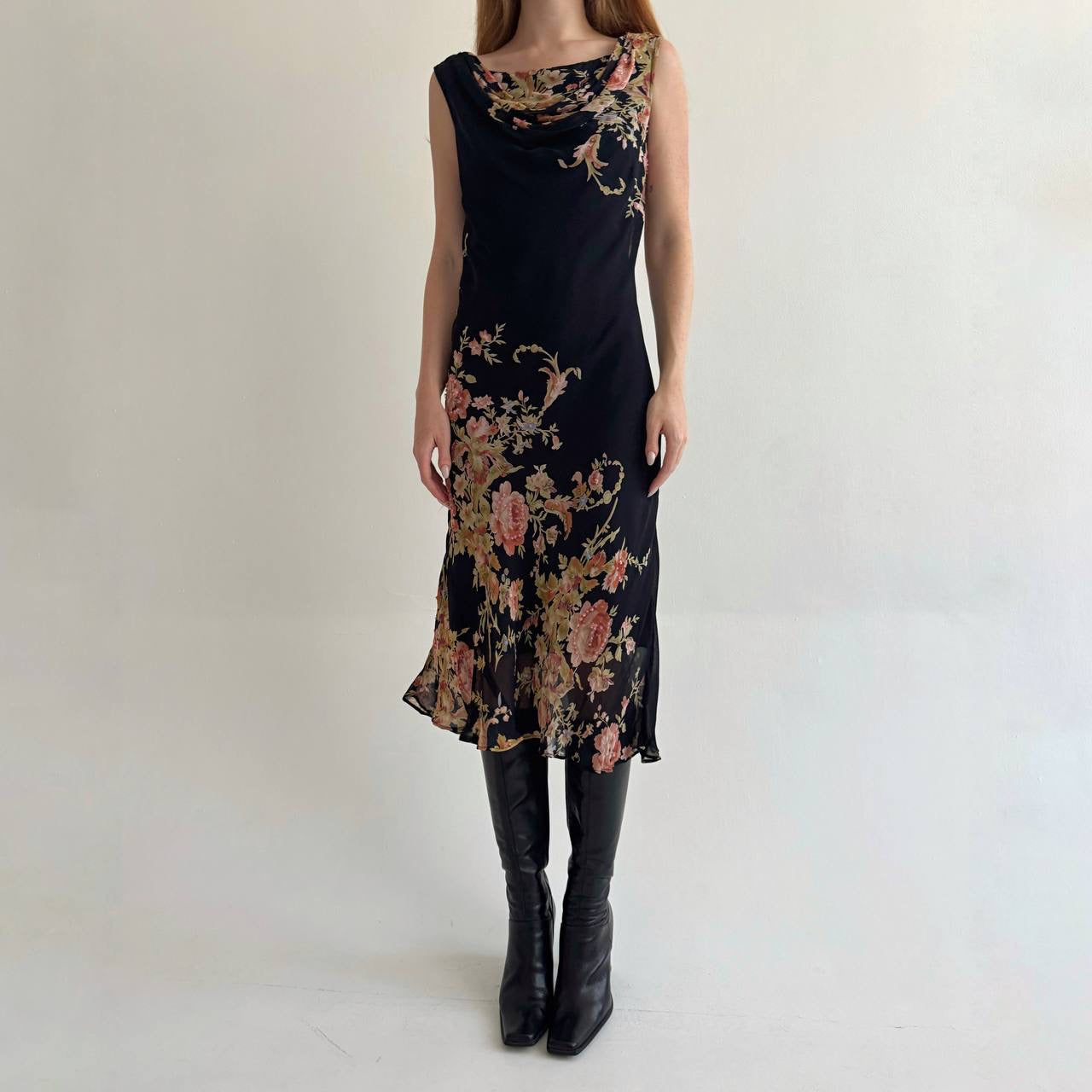 Vintage rayon dress with flower print and beads