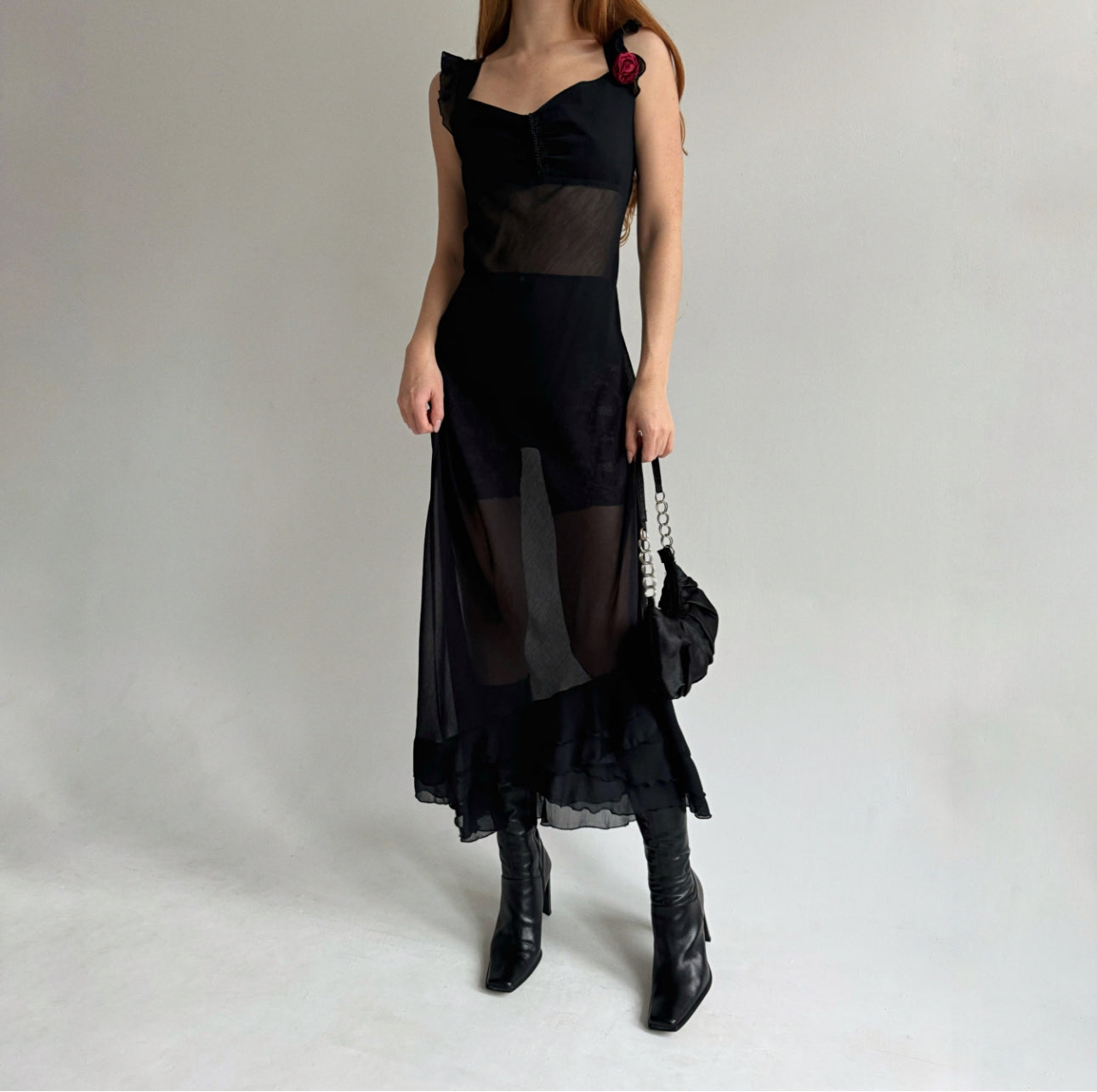 Vintage semi transparent maxi dress with red flower appliqué