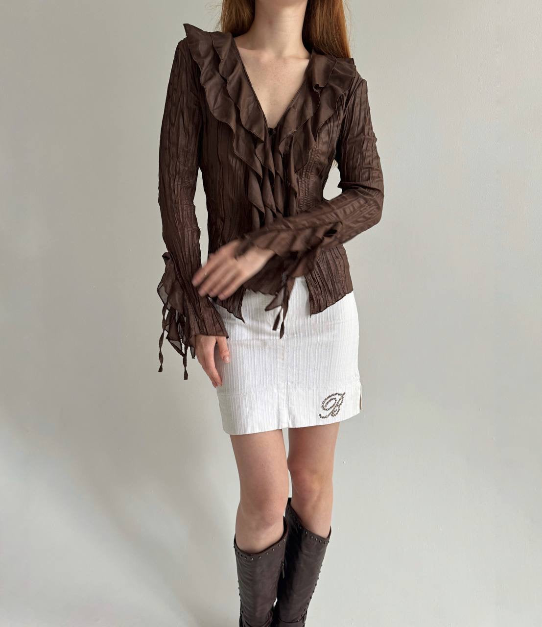 Vintage brown pleated blouse with ruffles