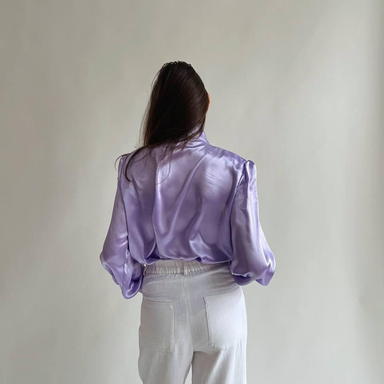 Vintage violet satin blouse with a bow