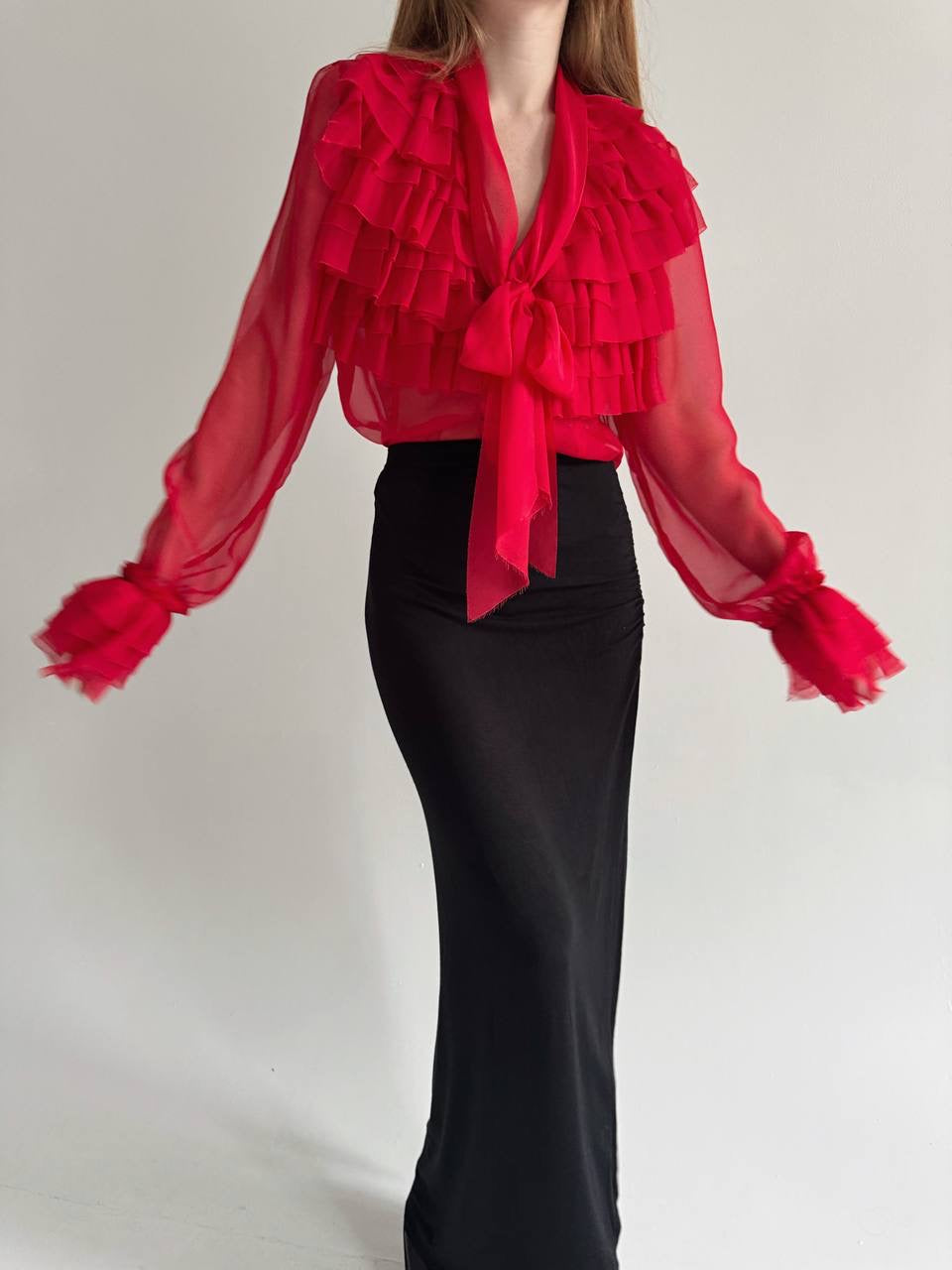 Vintage semi transparent red blouse with raw trim ruffles and chest bow