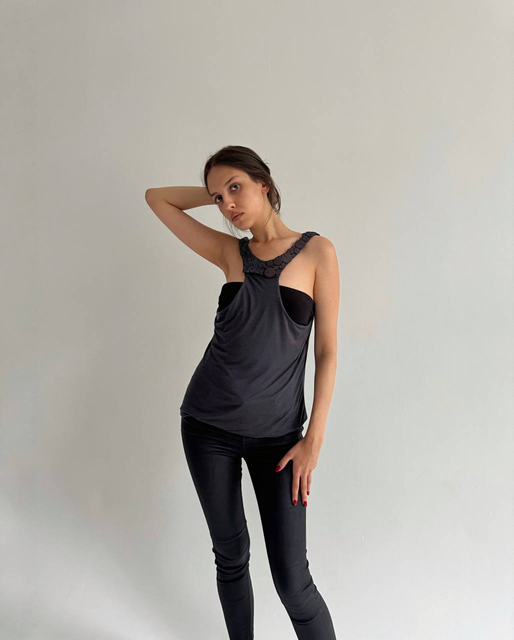 Max Mara grey top with beads and buttons