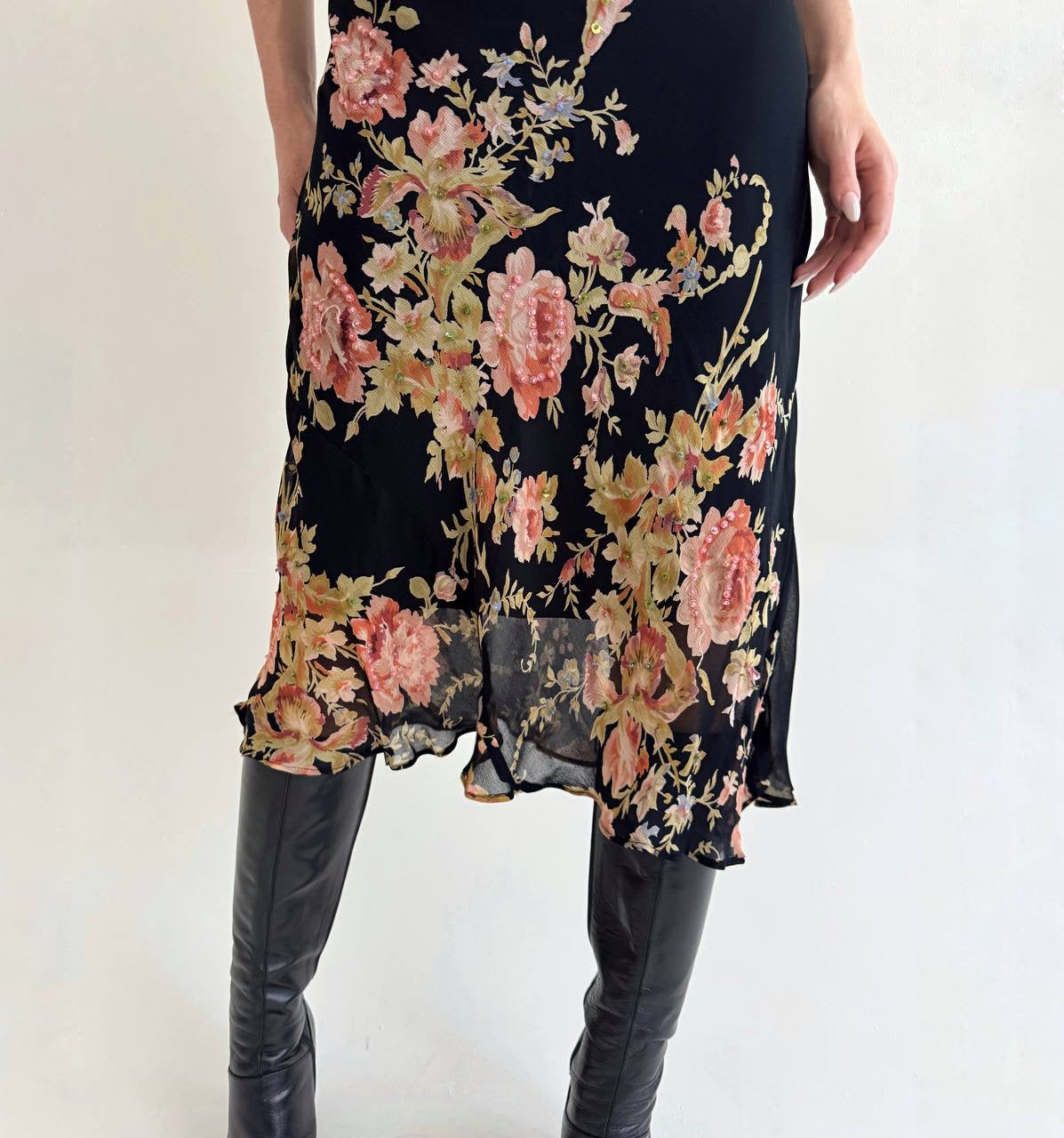 Vintage rayon dress with flower print and beads