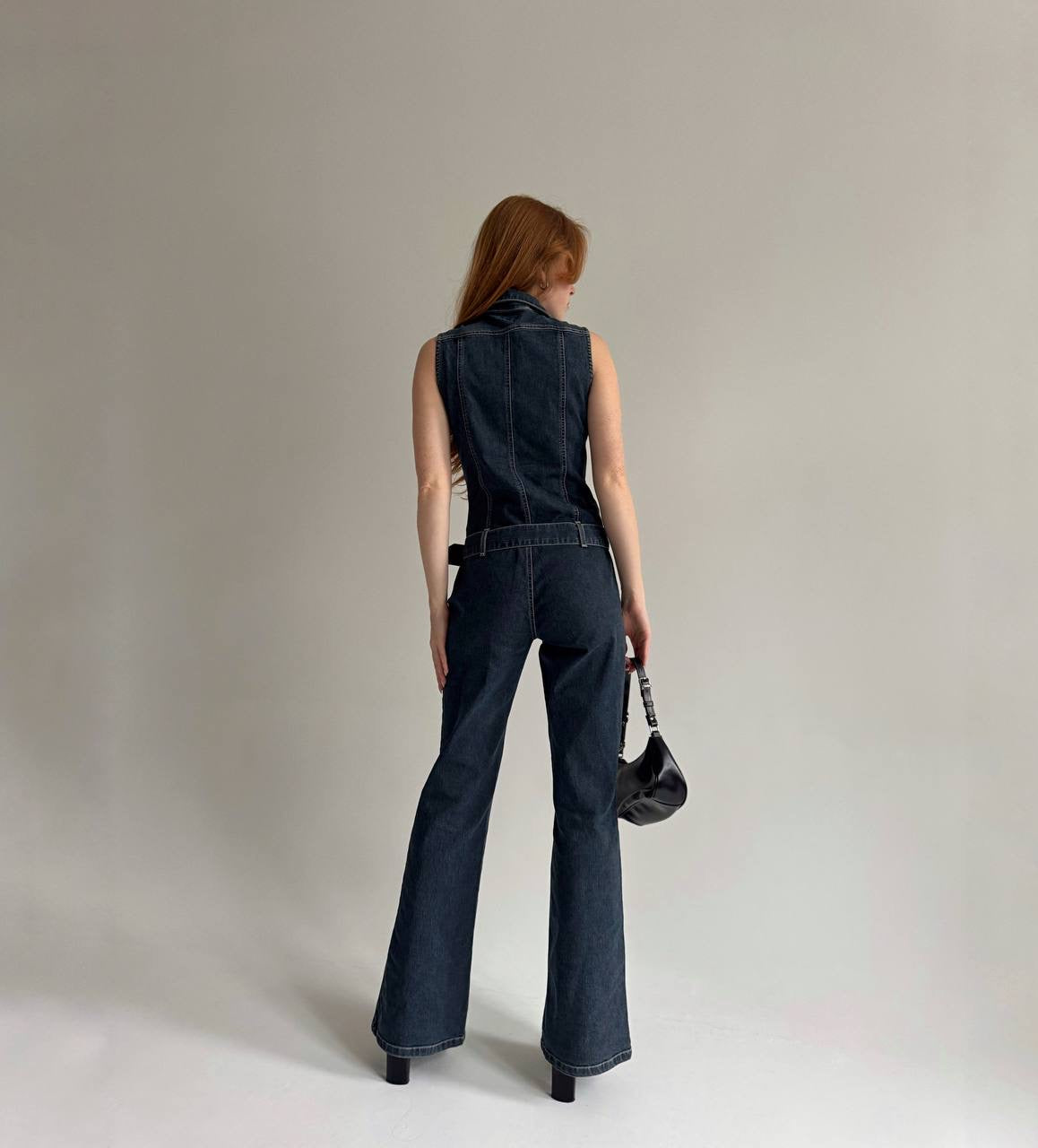 Vintage denim jumpsuit with a belt and front zip