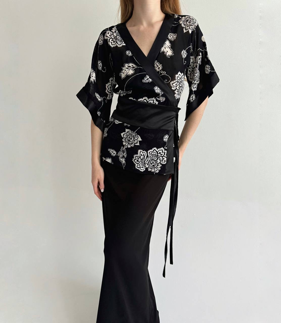 Vintage viscose flower print blouse with side ties