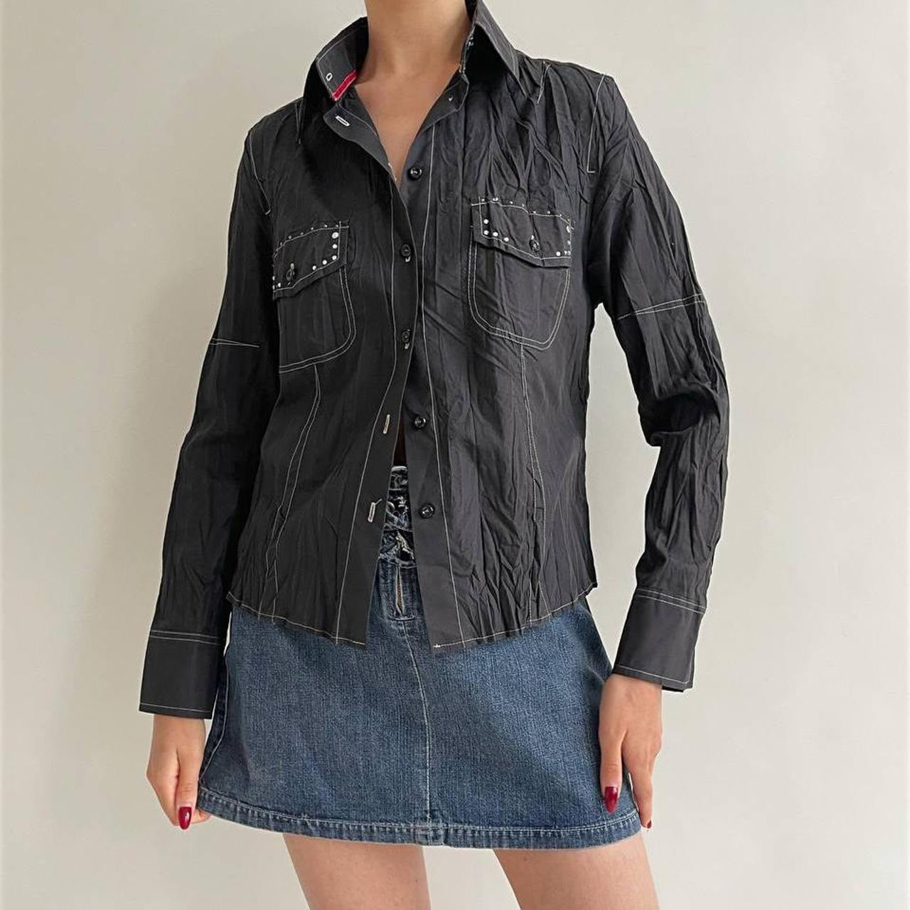 Vintage black crinkle blouse with rhinestones