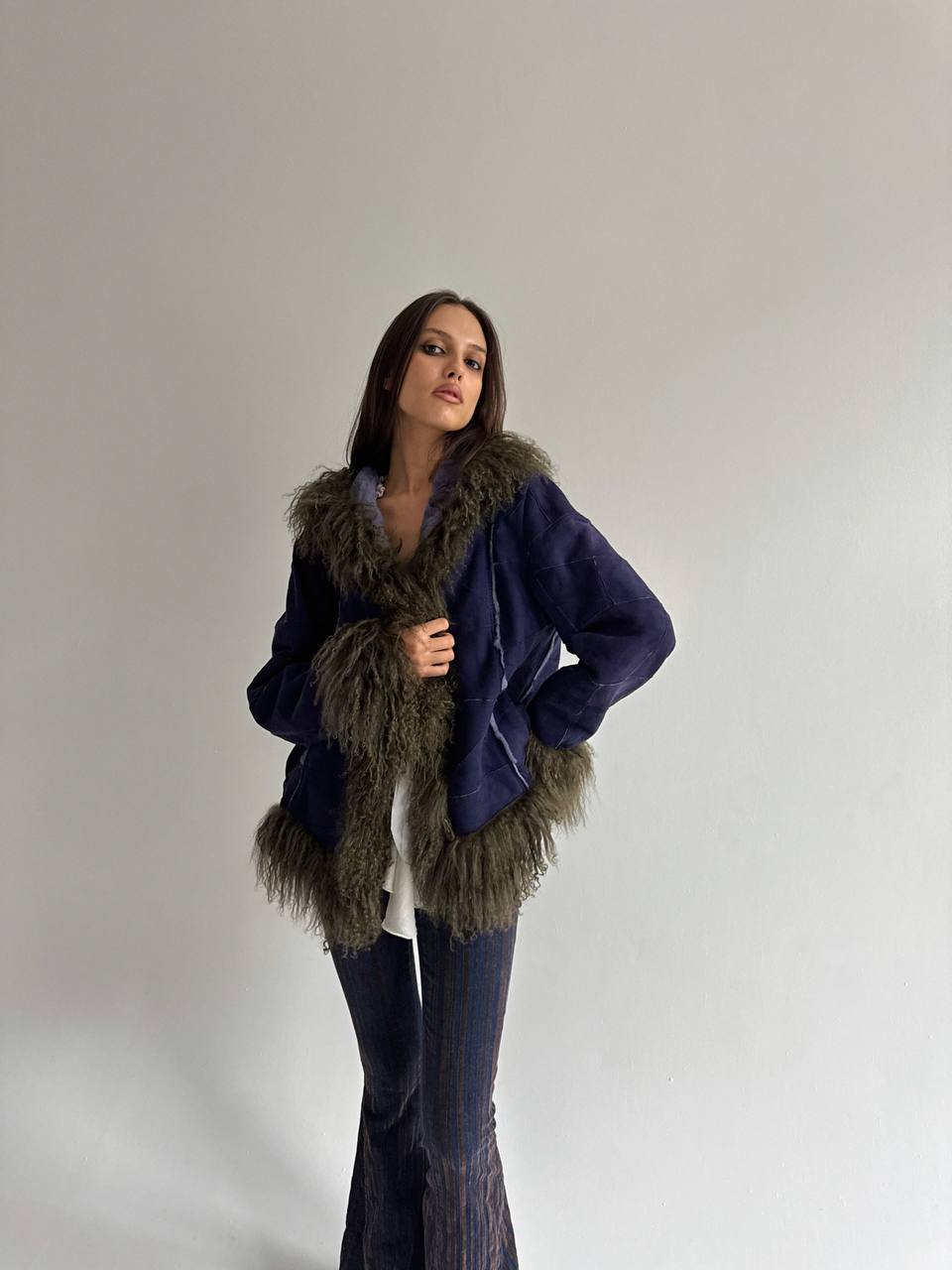 Vintage genuine leather jacket with Mongolian fur