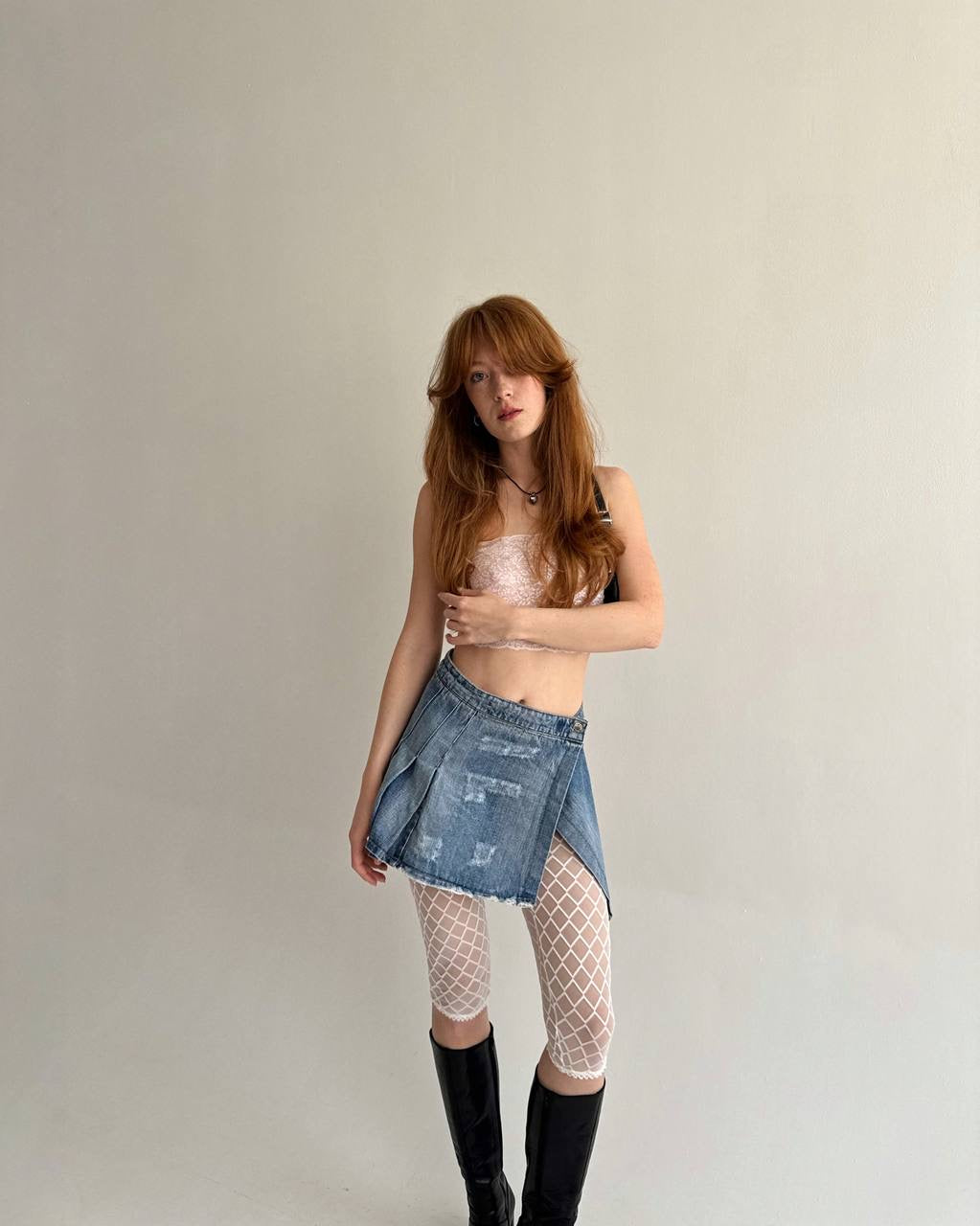 Vintage light blue denim asymmetrical pleated skirt