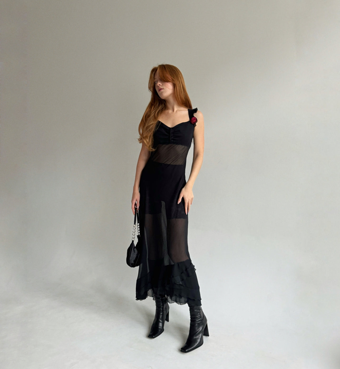 Vintage semi transparent maxi dress with red flower appliqué