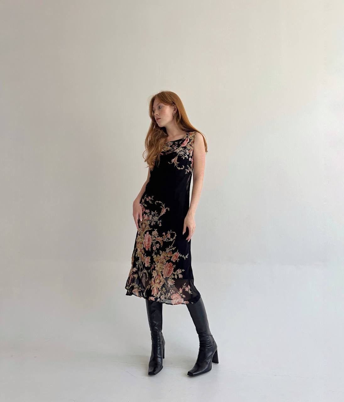 Vintage rayon dress with flower print and beads