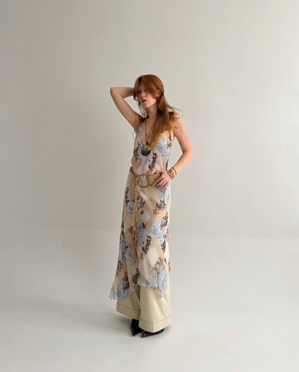 Vintage asymmetrical flower print maxi dress