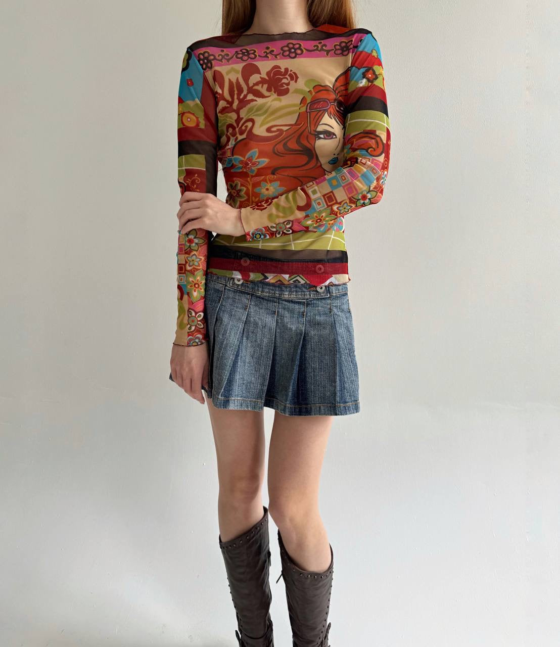 Vintage mesh printed orange blouse