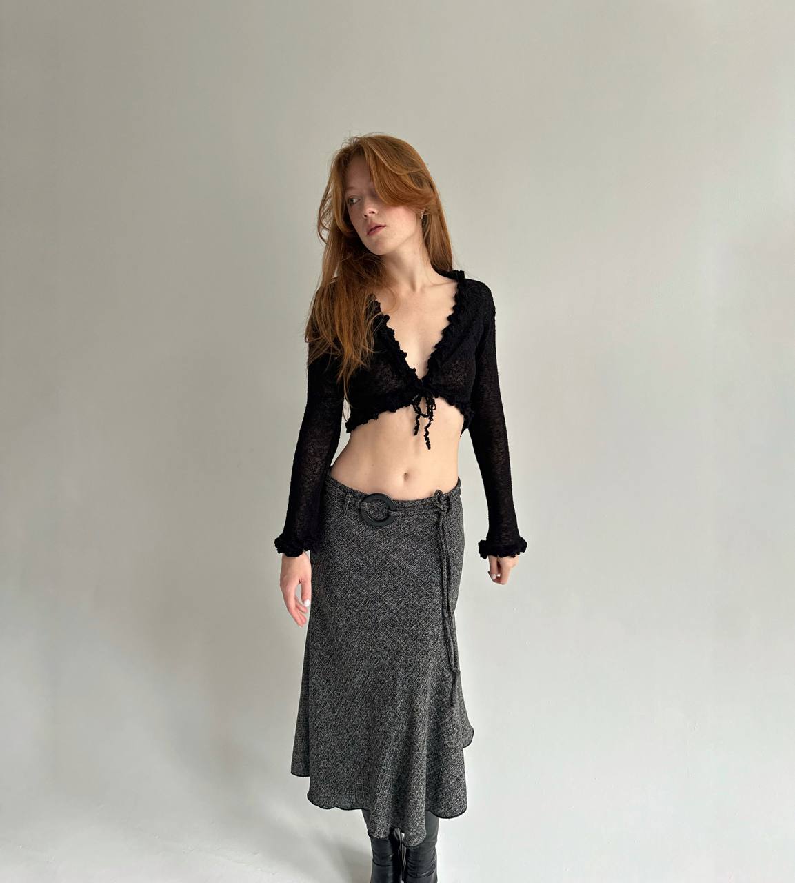 Vintage 55% linen 35% viscose grey midi skirt