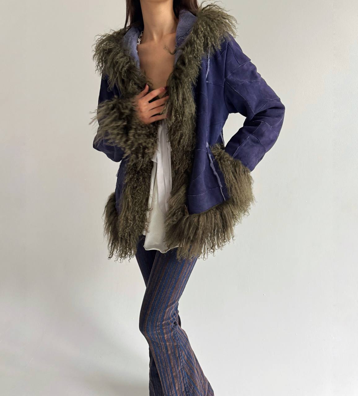 Vintage genuine leather jacket with Mongolian fur