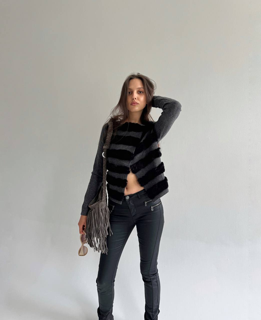 Y2K 100% cashmere grey cardigan with real fur