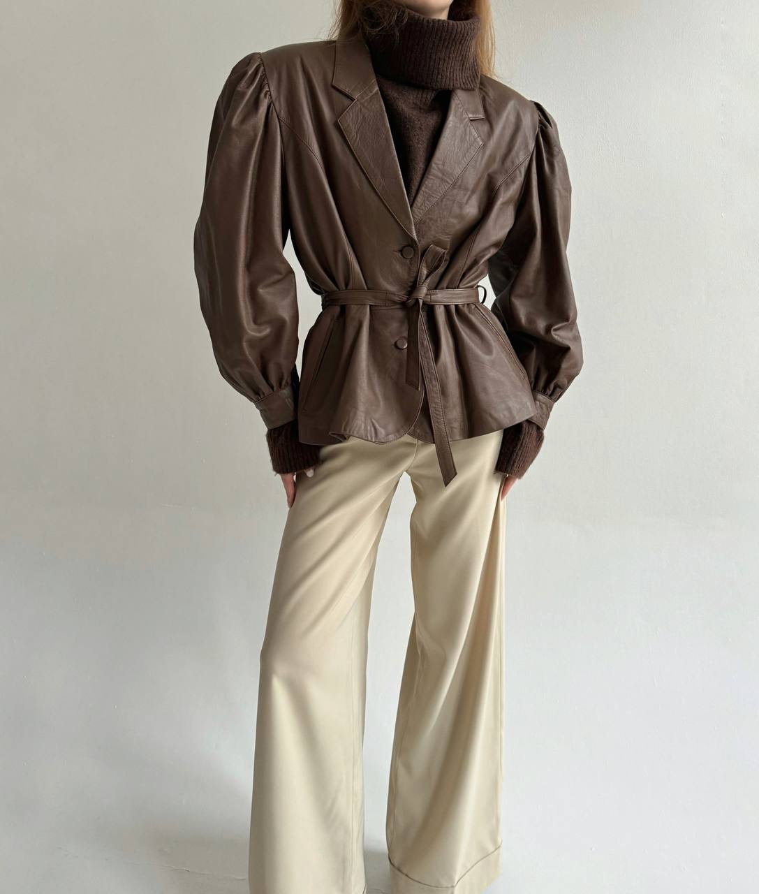 Vintage faux leather jacket with waist tie