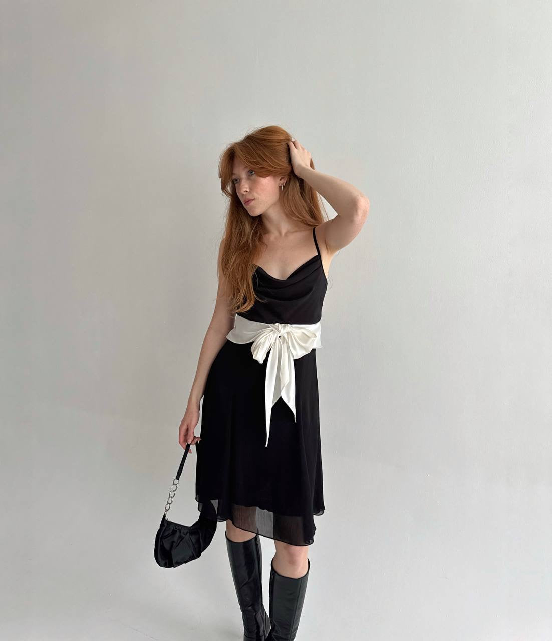 Vintage mini dress with white satin waist tie