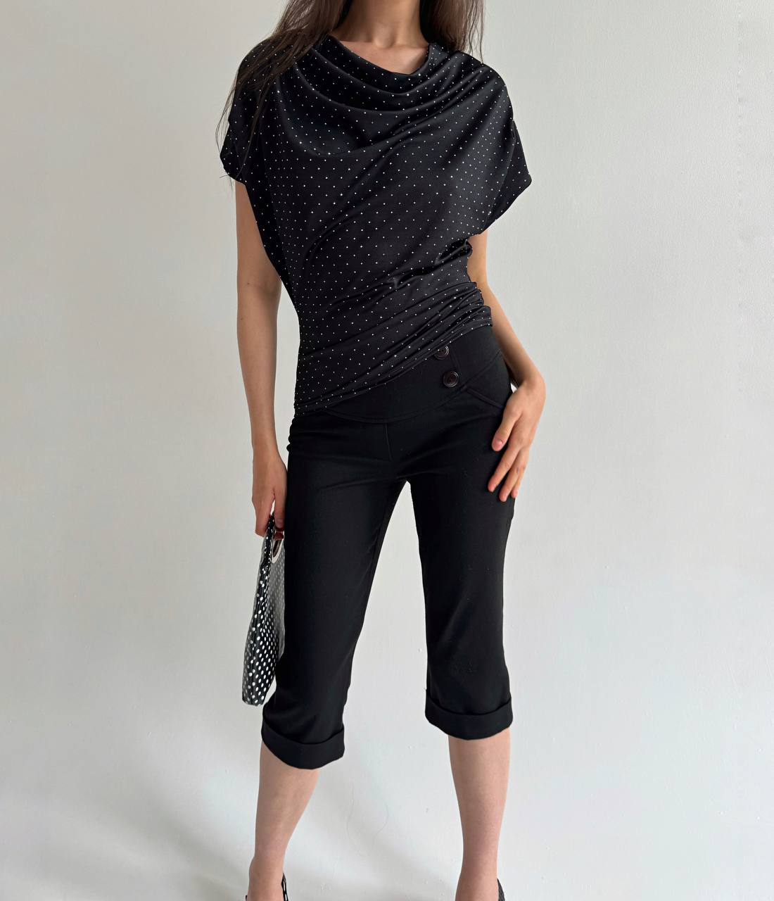 Vintage black draped blouse with rhinestones