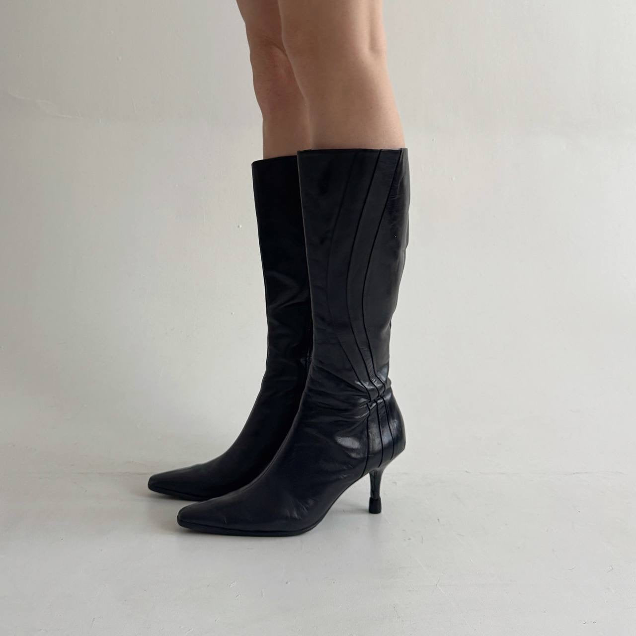 Vintage black faux leather knee high pointy boots