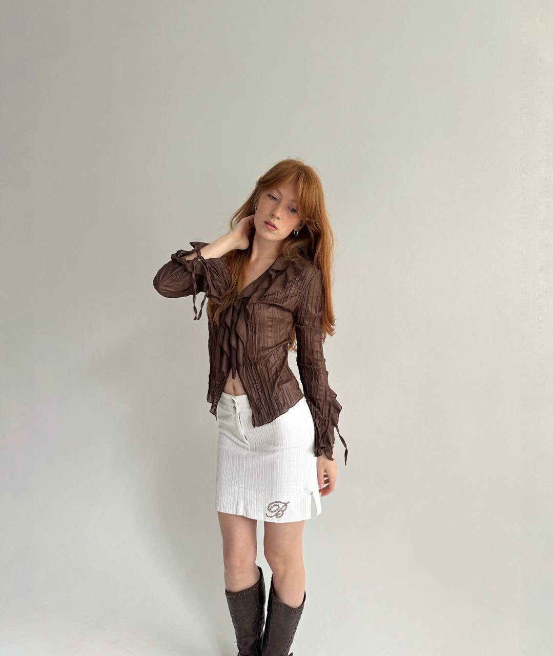 Vintage brown pleated blouse with ruffles