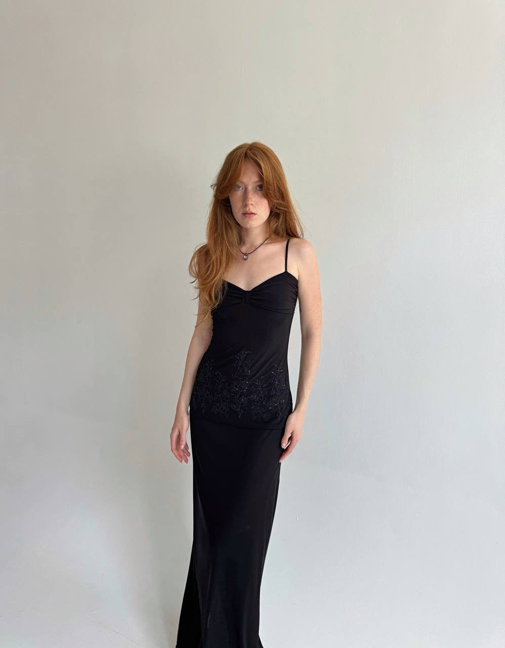 Y2K black cami top with beads embroidery
