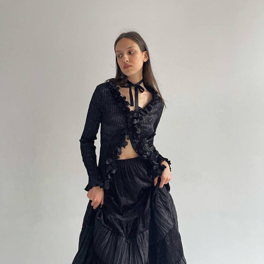 Vintage satin pleated blouse with petals