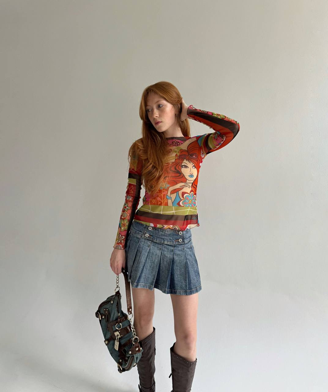 Vintage mesh printed orange blouse