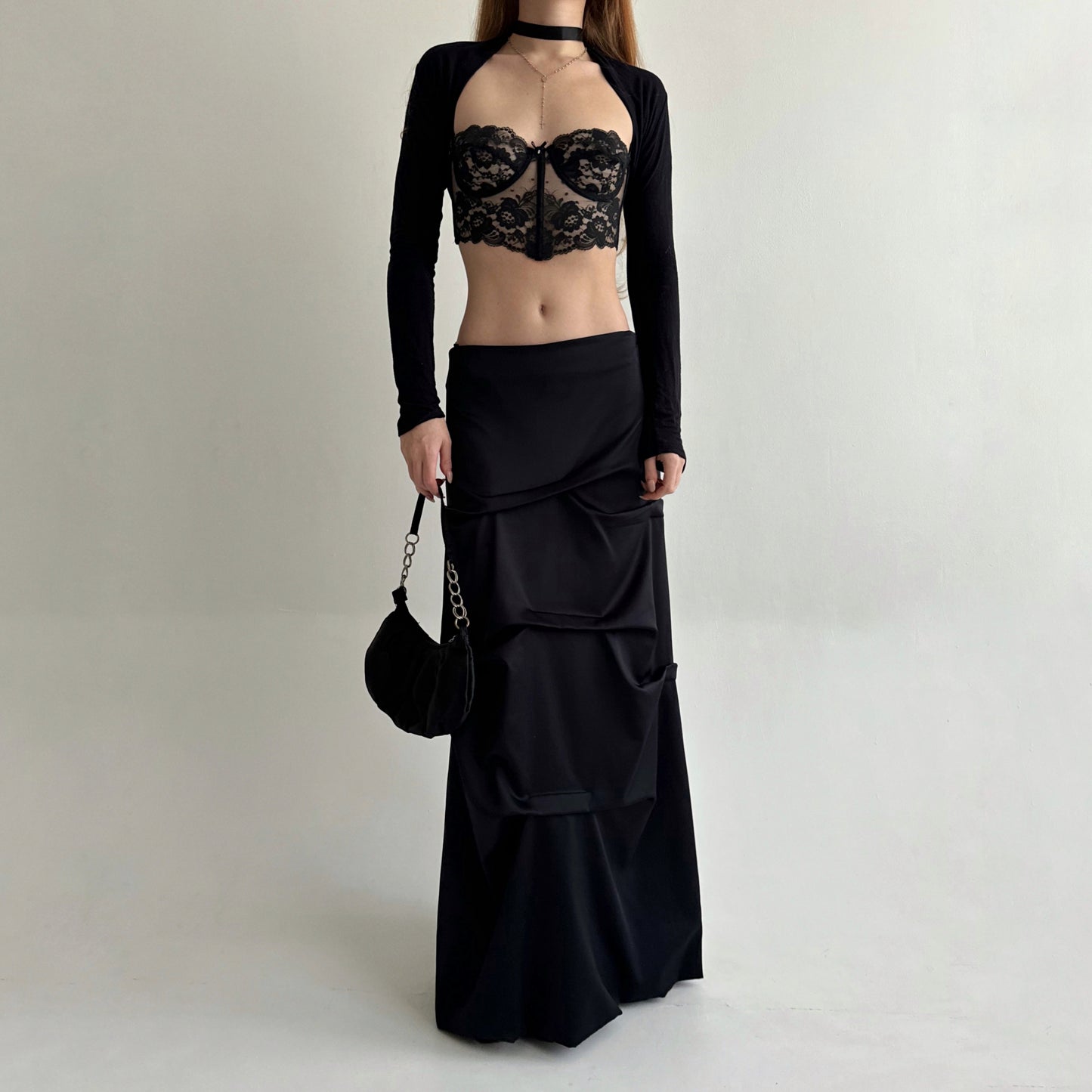 Vintage black maxi skirt with beautifully crinkled fabric