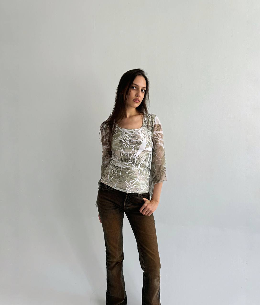 Vintage font print crinkle blouse