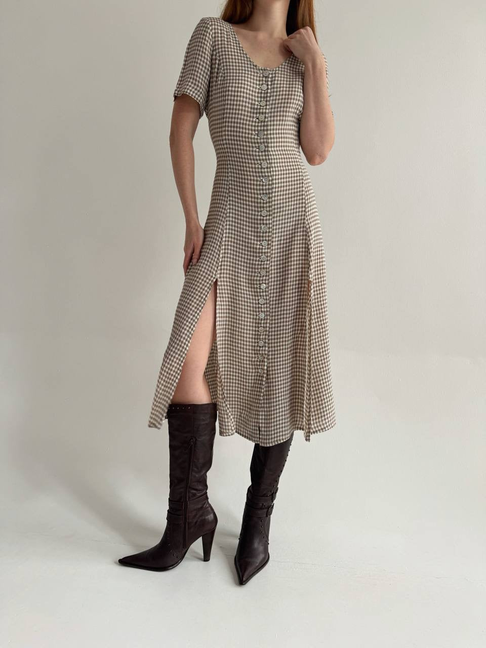 Vintage viscose checked dress with a waist tie