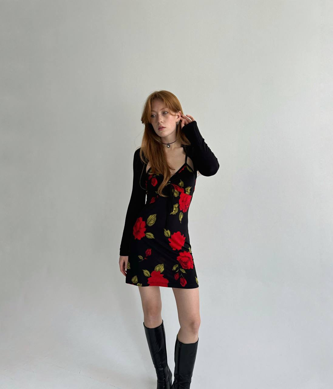 Vintage mini dress with red flowers pattern