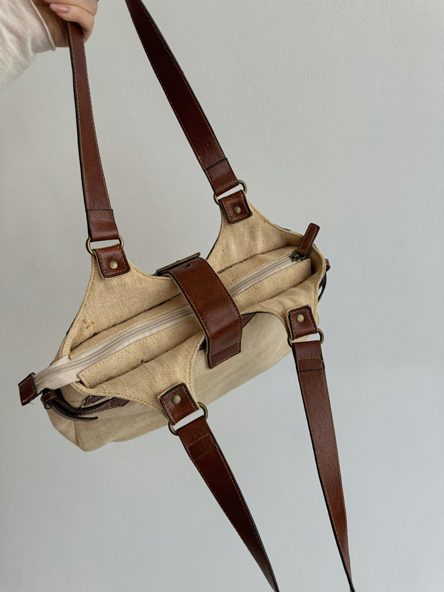 Vintage beige canvas bag with genuine leather brown handles