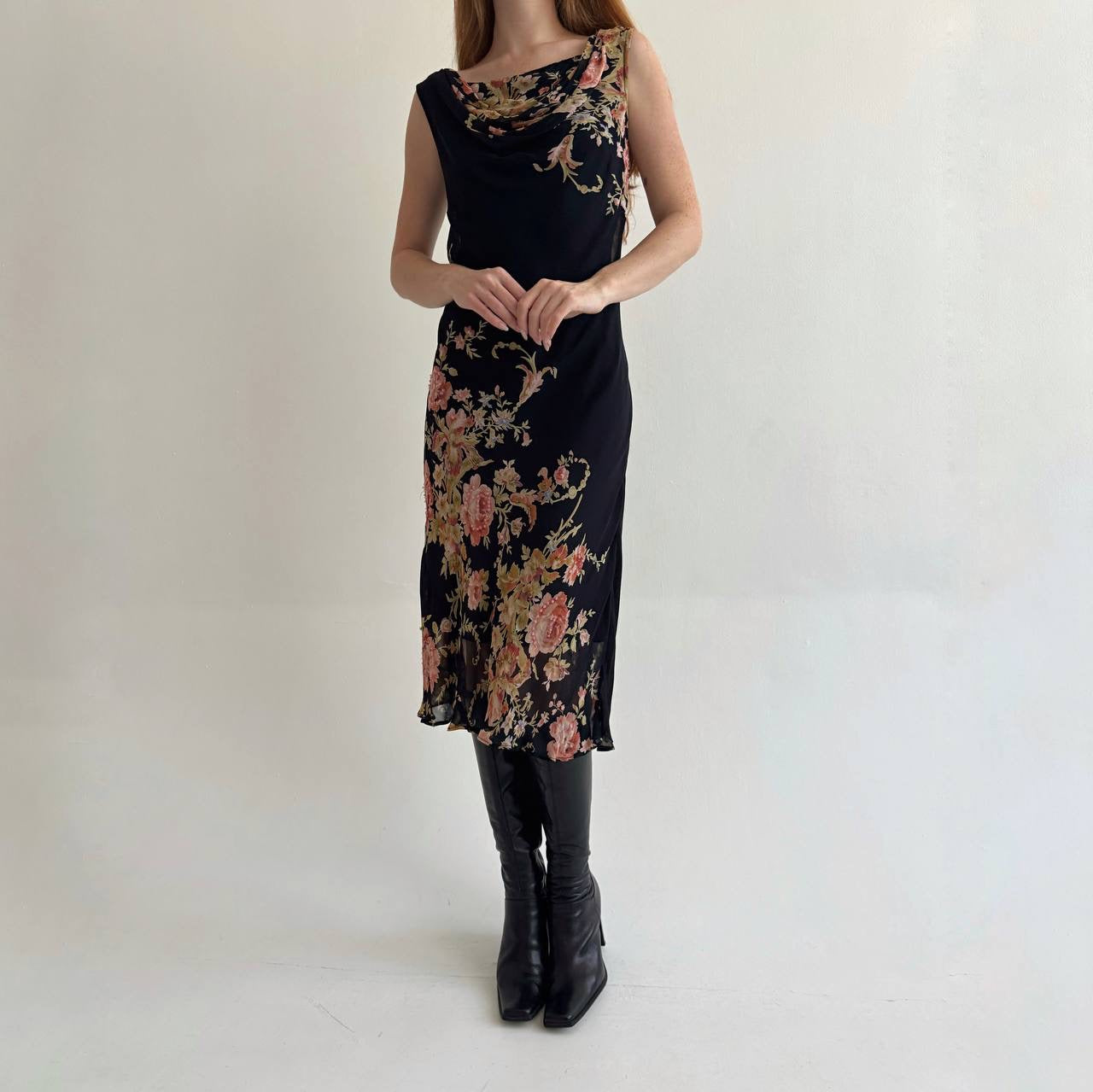 Vintage rayon dress with flower print and beads
