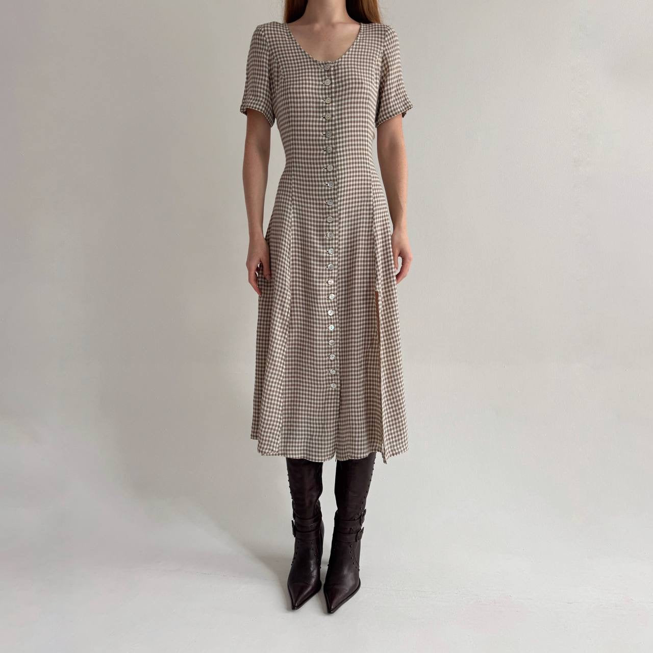 Vintage viscose checked dress with a waist tie