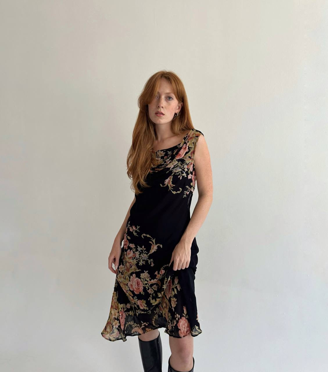 Vintage rayon dress with flower print and beads