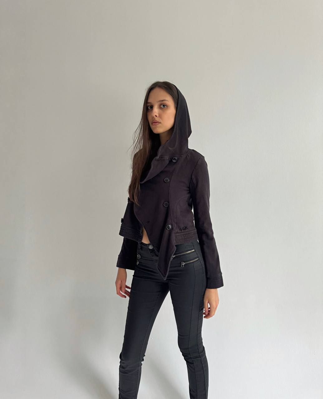 Avant garde cotton black asymmetrical blouse with a hood