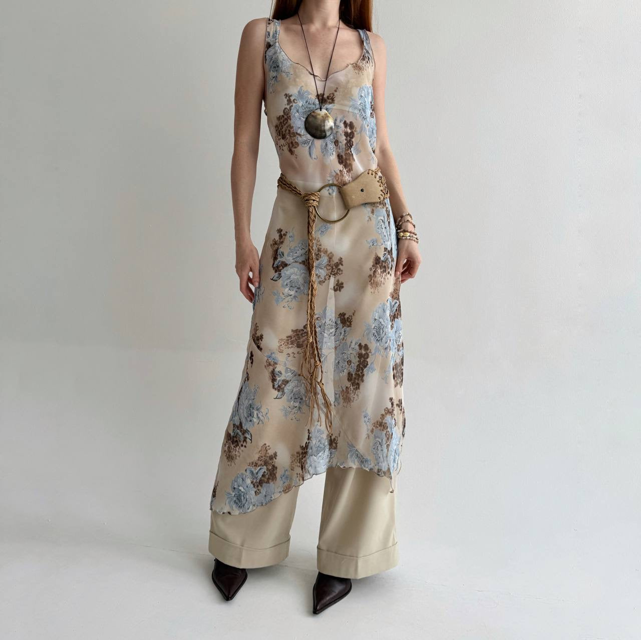 Vintage asymmetrical flower print maxi dress
