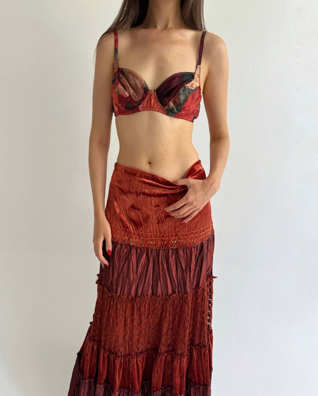 Vintage orange printed bra with rhinestones