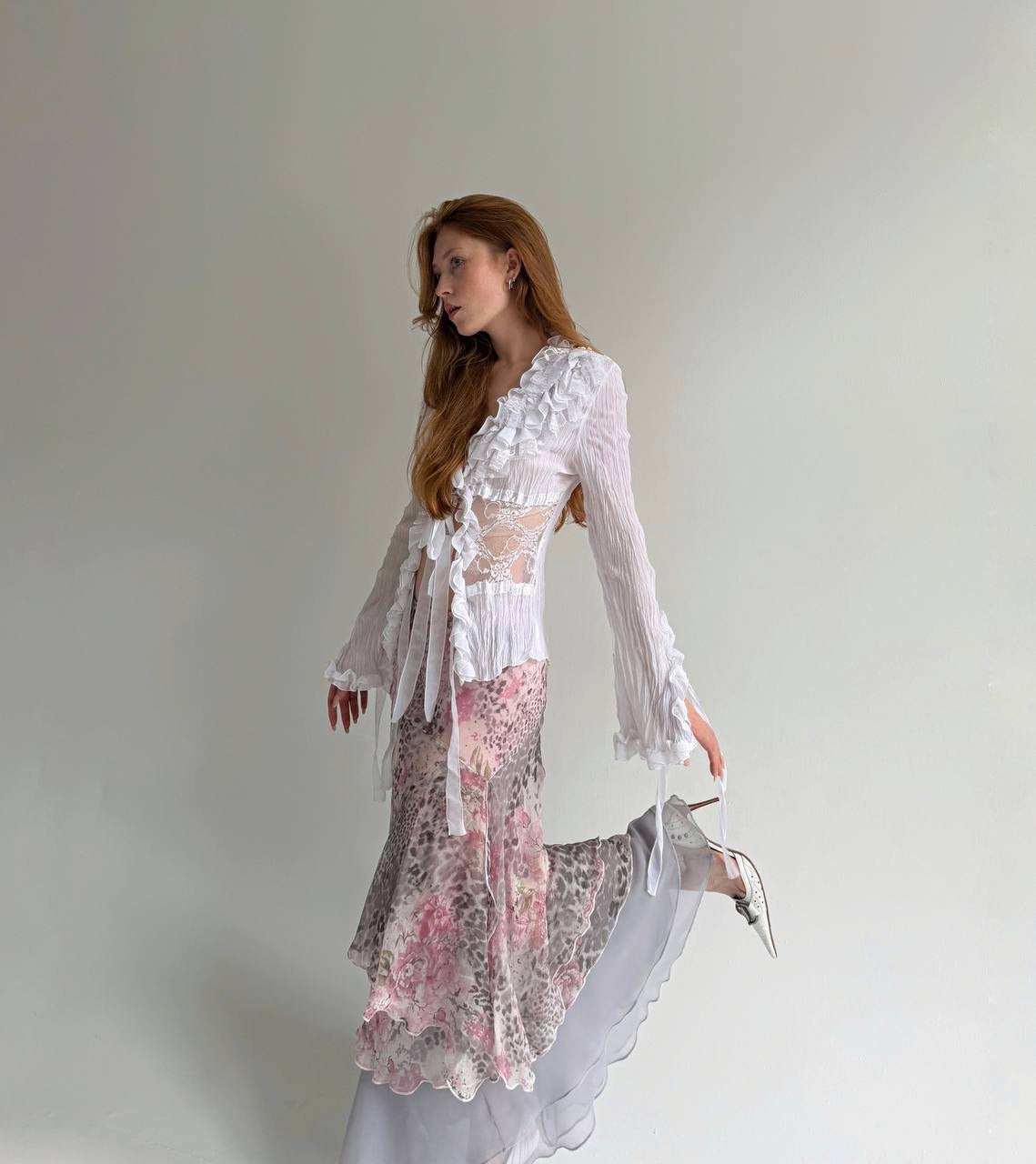 Vintage printed ruched long skirt