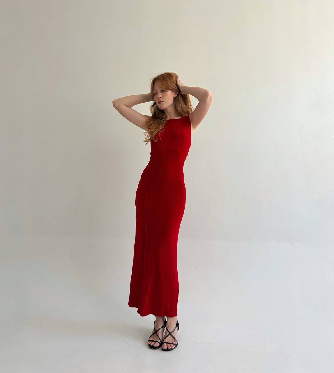 Vintage red fitted long dress with open back