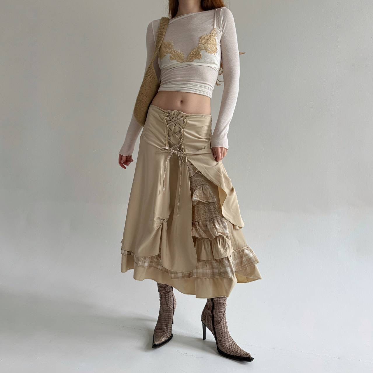Vintage beige draped skirt with lace and checker pattern details