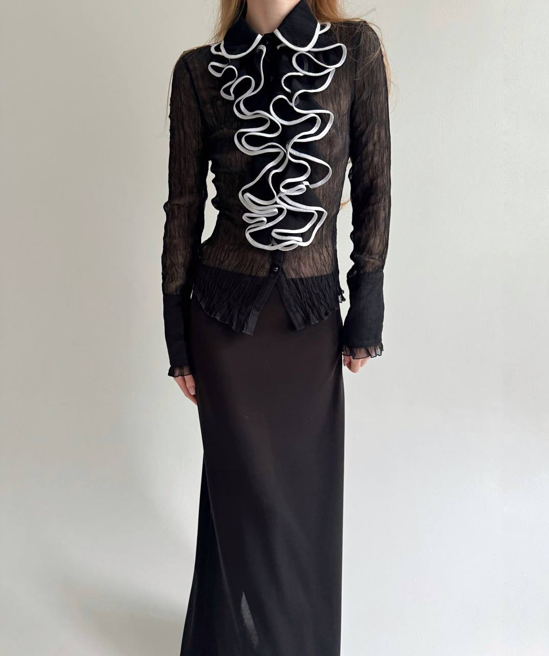 Vintage sheer pleated blouse with ruffles
