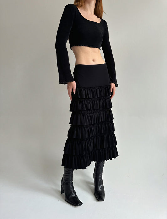 Vintage black elastic ruched maxi skirt