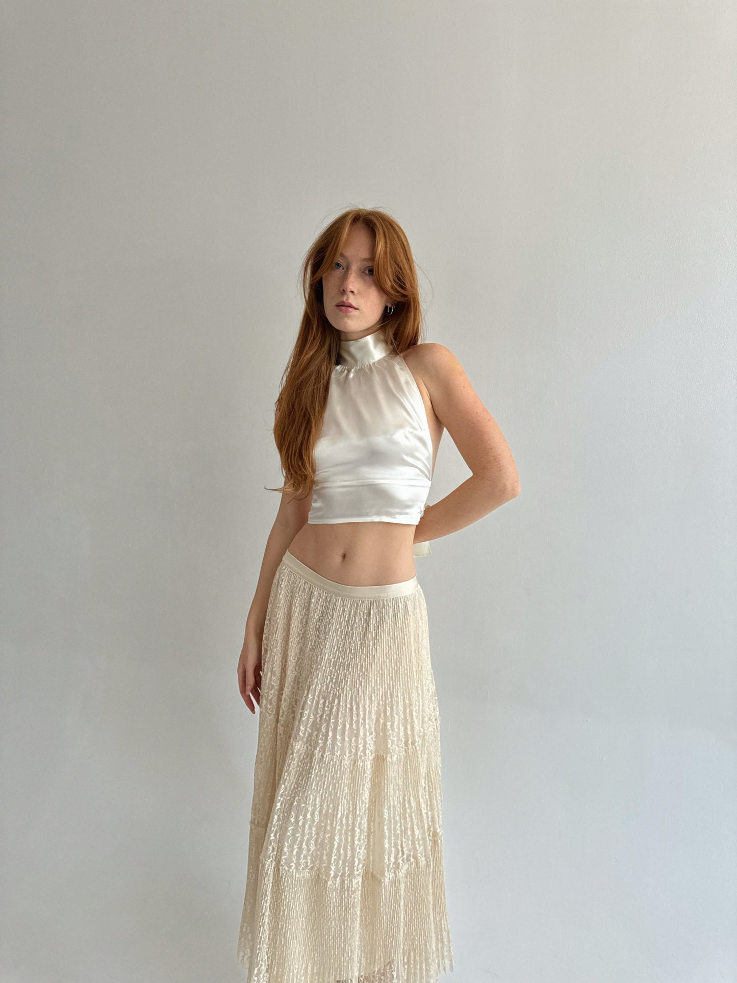 Vintage lace ruched maxi skirt