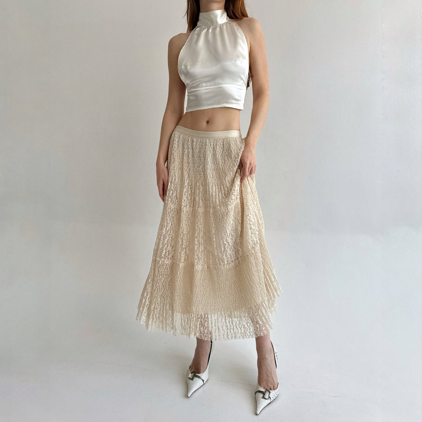 Vintage lace ruched maxi skirt