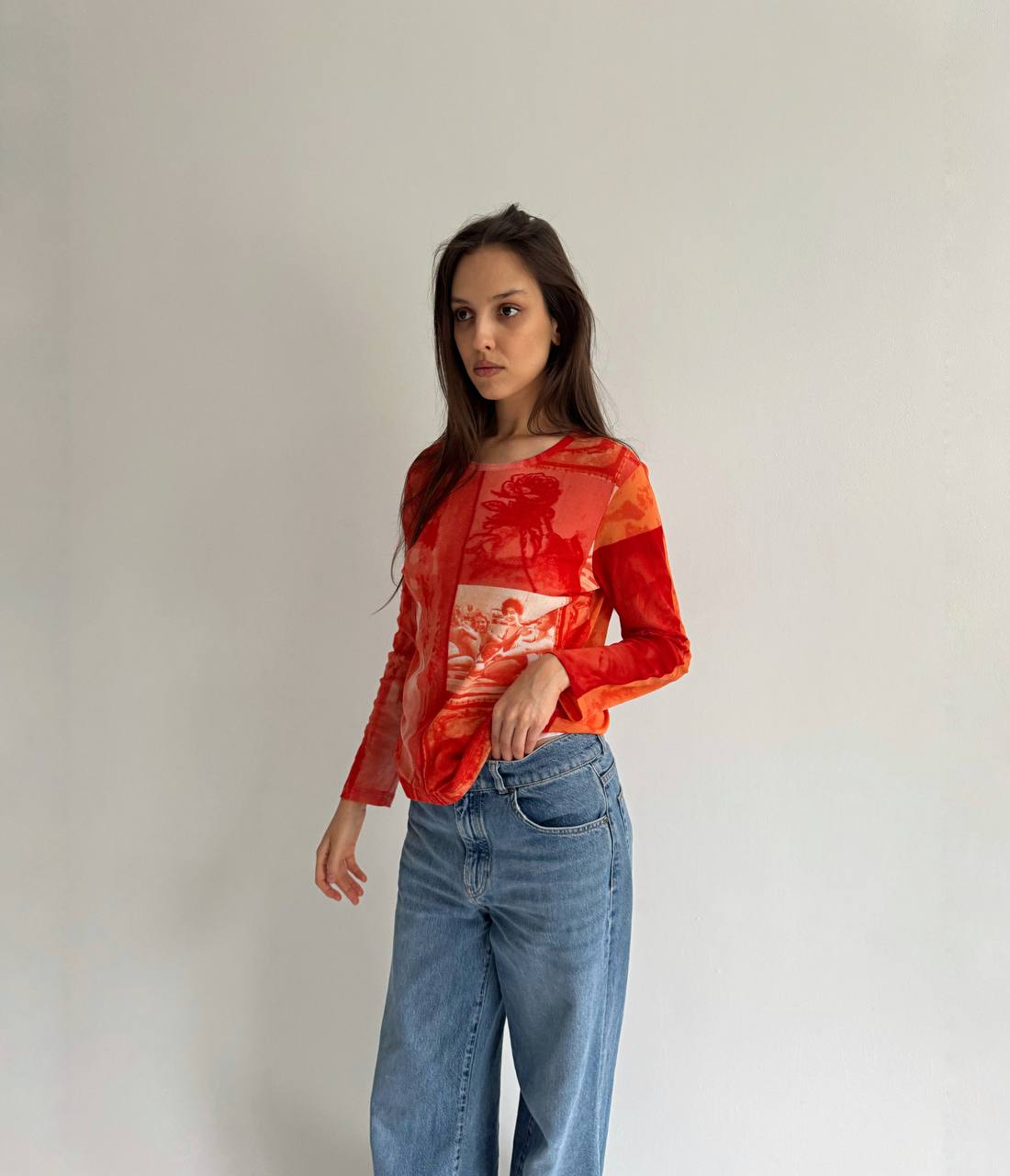 Y2K mesh printed blouse