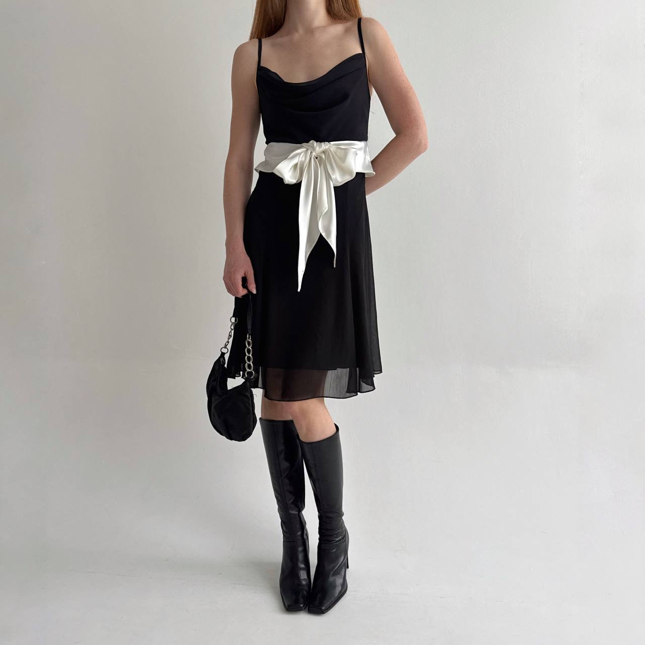 Vintage mini dress with white satin waist tie