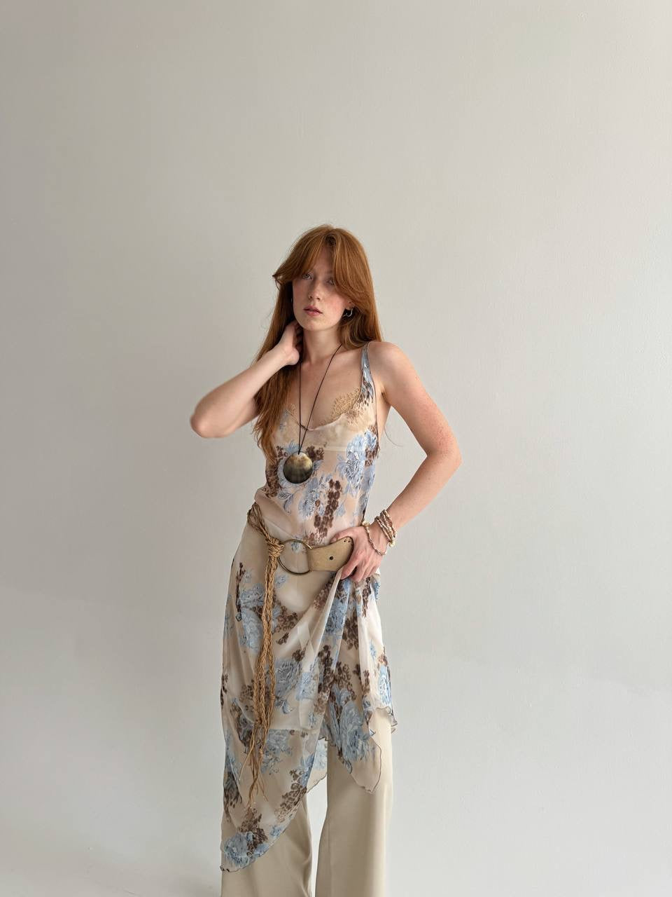 Vintage asymmetrical flower print maxi dress