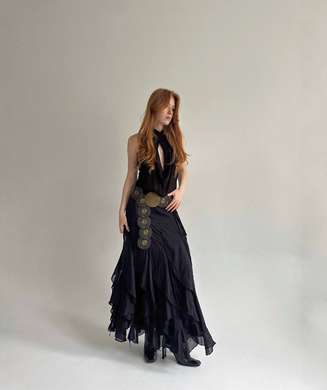 Vintage cotton black ruffled maxi skirt