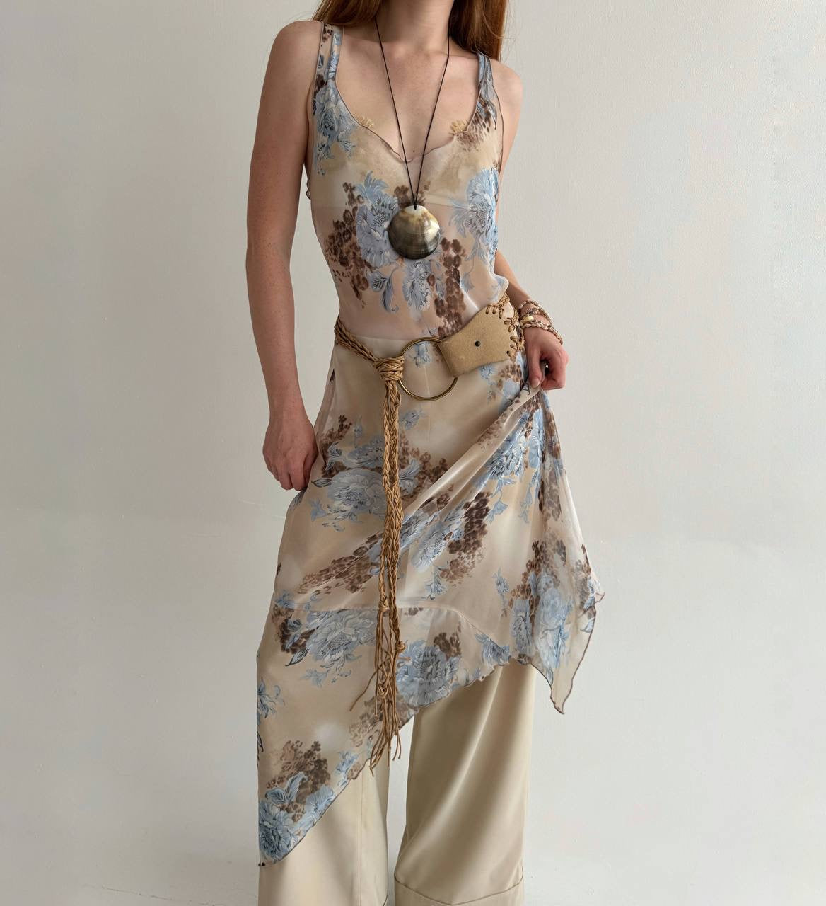Vintage asymmetrical flower print maxi dress